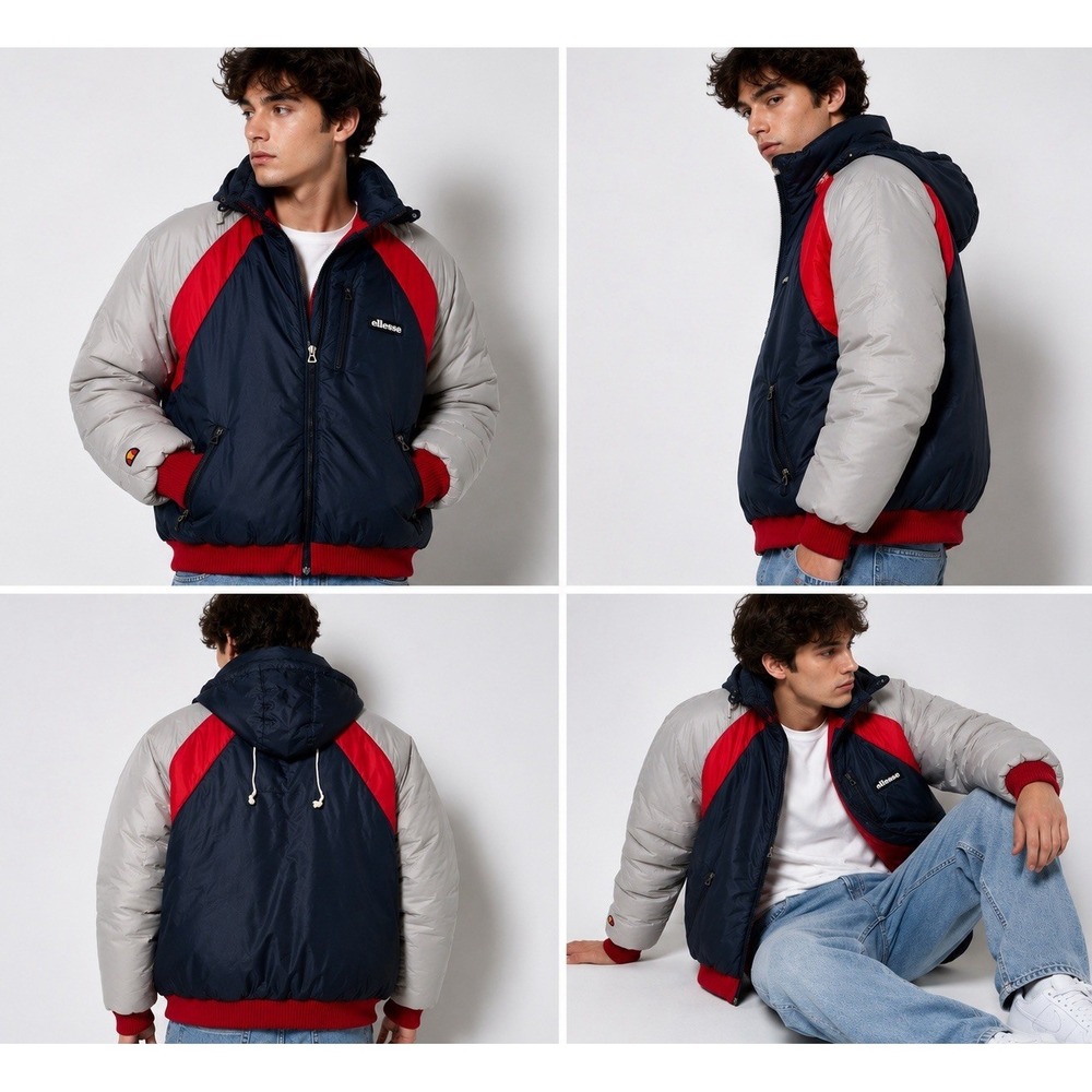 Ellesse Vintage Made in Italy Puffer Jacket Navy Red Gray Sz 42 Rare Collection